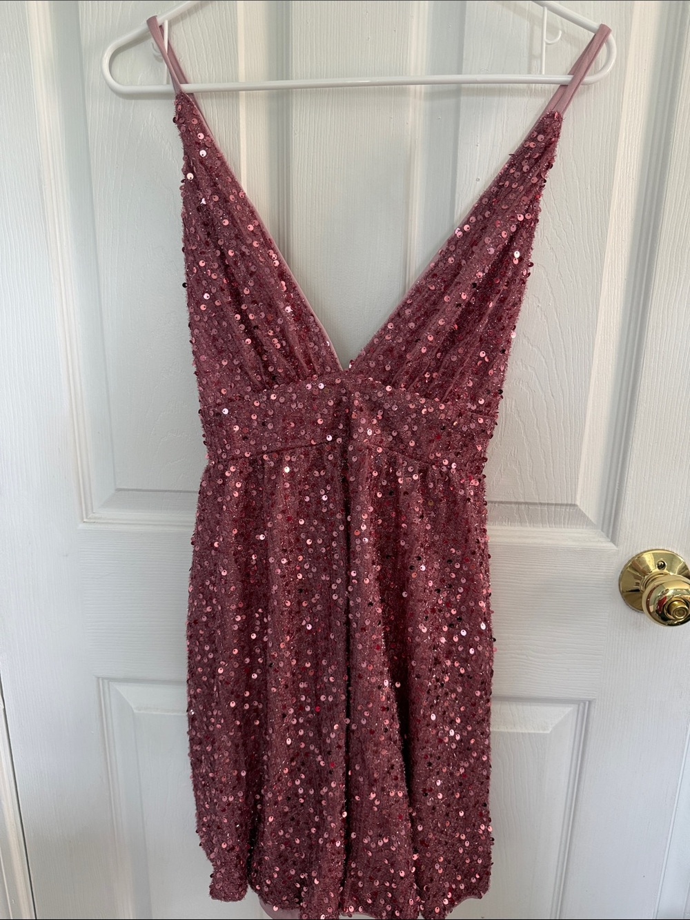 Sequined V-Neck Spaghetti Strap Dress in Dusty Rose - Picture 1 of 4